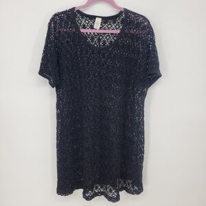 Vintage Black Crochet Mesh Knit Swim Coverup Womens Size M Fishnet Short Sleeve